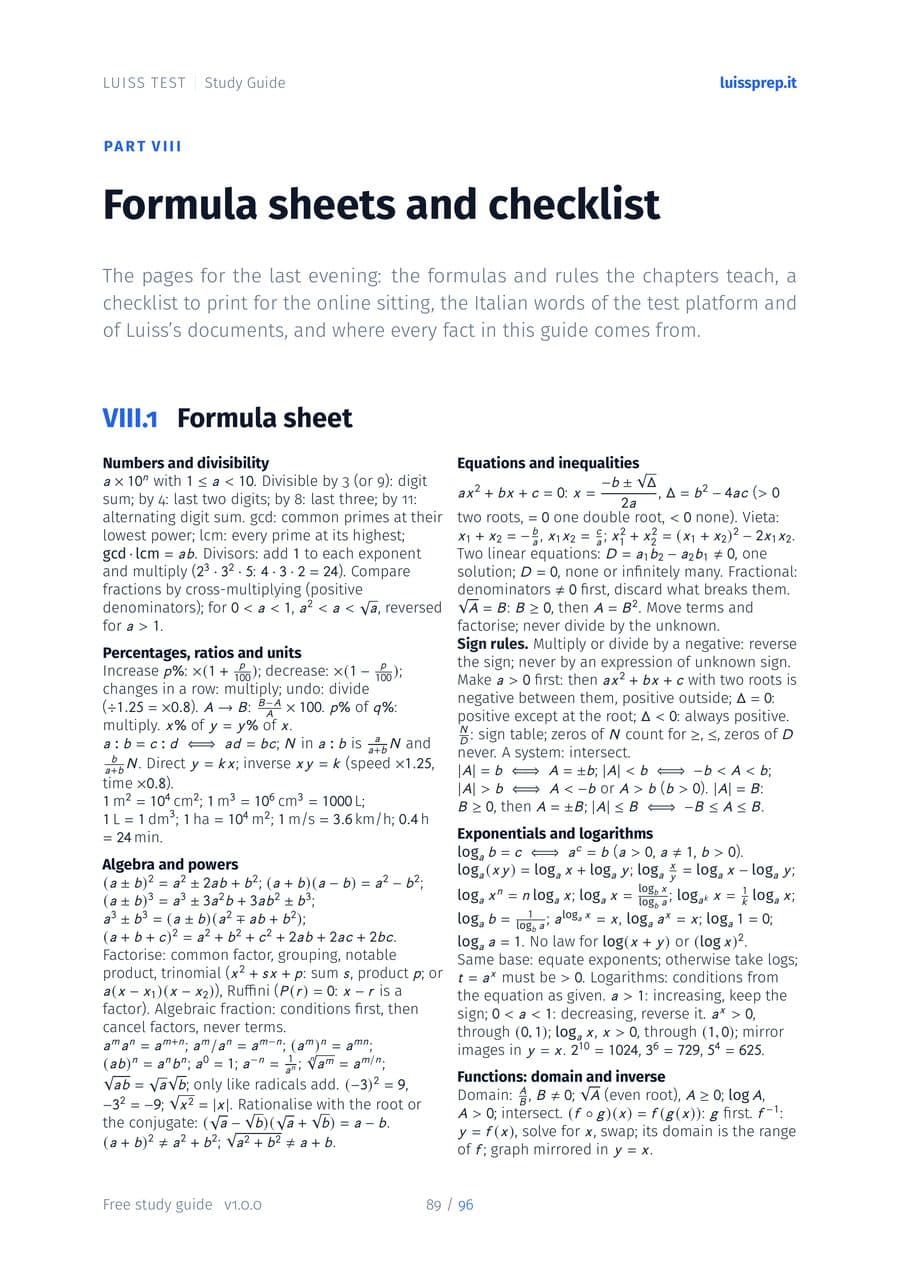 The formula sheet that opens Part VIII