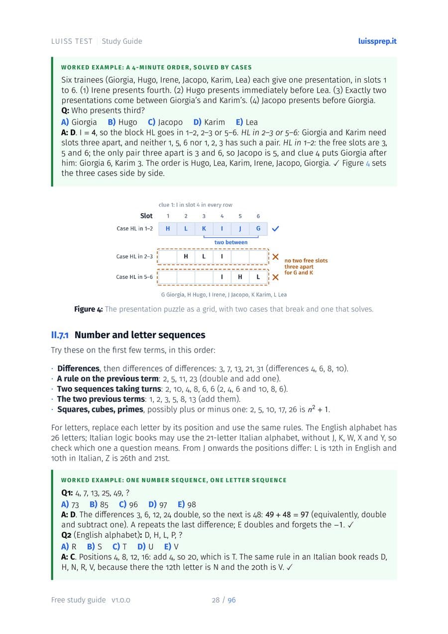 A page from Part II, Logic and Problem Solving: an ordering puzzle worked as three cases, and number and letter sequences