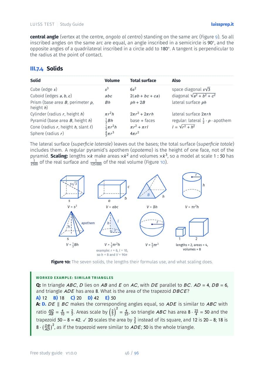 A page from Part III, Mathematics: the seven solids with their volume and surface formulas, and a similar-triangles example